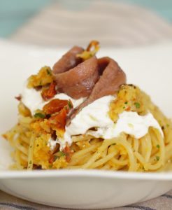 Spaghetti, burrata and anchovies