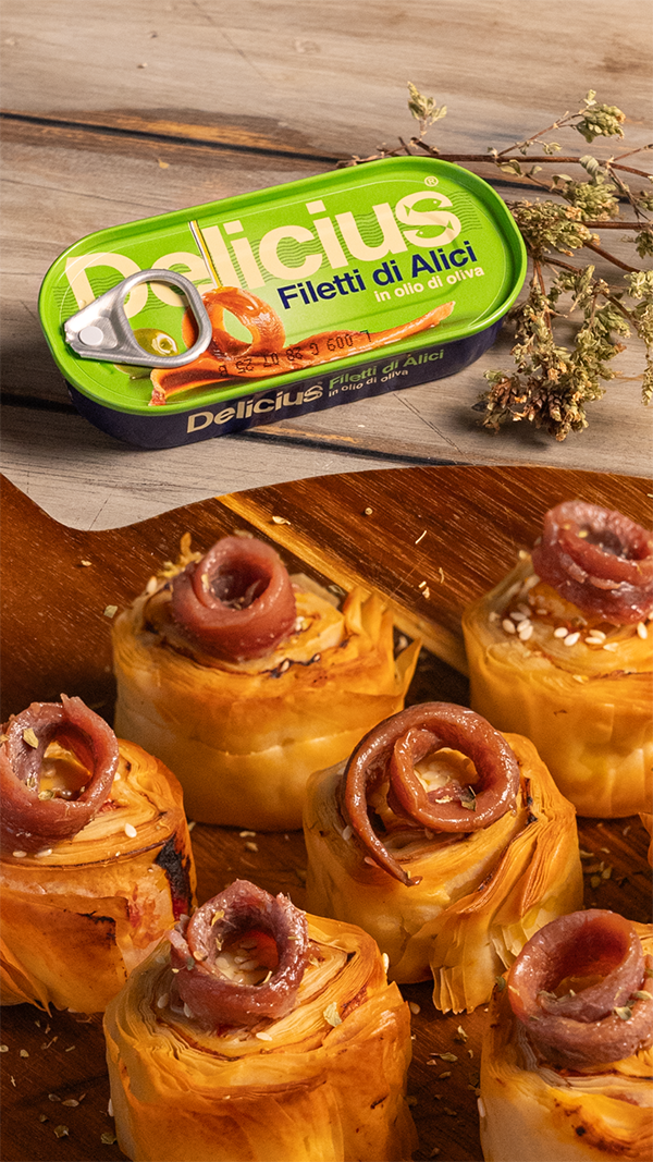 Phyllo Dough Rolls with Tomato Paste, Feta, Oregano, and Anchovies