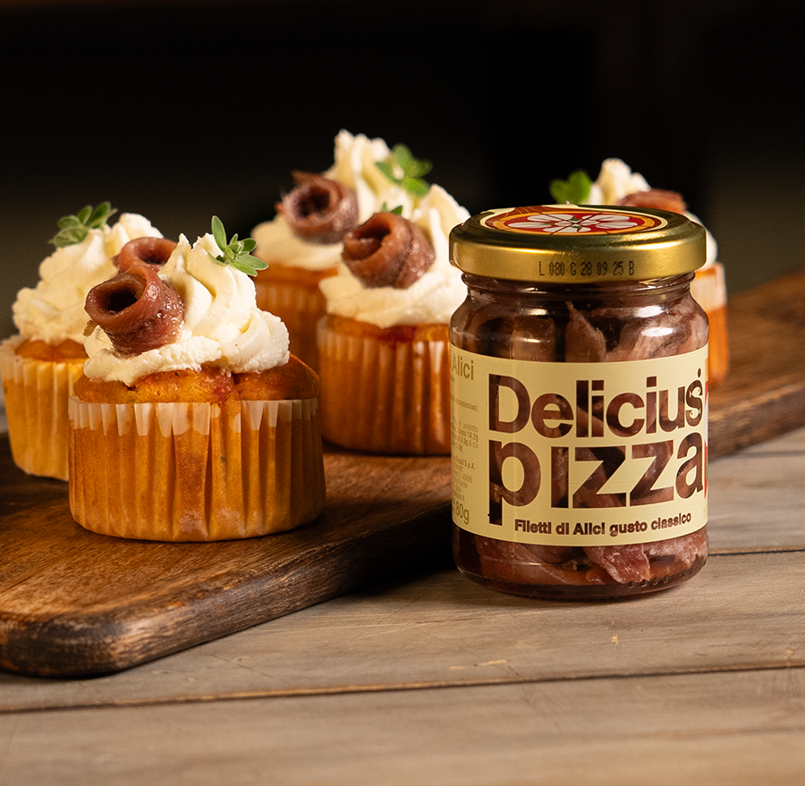 Pizza-Flavored Muffins with Cheese Frosting and Classic Pizza-Style Anchovies