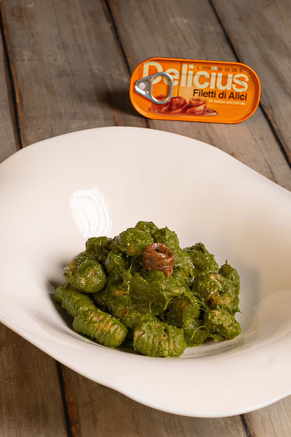 Buckwheat and Chickpea Flour Gnocchetti with Turnip Greens Pesto, Sun-Dried Tomatoes, Pine Nuts, and Anchovies